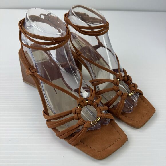 Dolce Vita Kash Cedar Nubuck Tie Up Block Heel Sandals 8.5 Square Toe Strappy - Picture 2 of 16